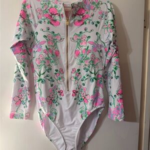 Lilly Pulitzer Pink and Green Floral rash guard bathingsuit and cover up.